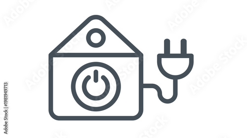 Smart home automation vector icon illustration featuring a house silhouette with a central power button and an attached electrical plug, representing energy efficiency and modern technology.