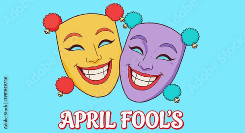 Vector art of theatrical masks representing trick and humor, bright colors, April Fool's Day concept, flat illustration, elegant yet playful composition