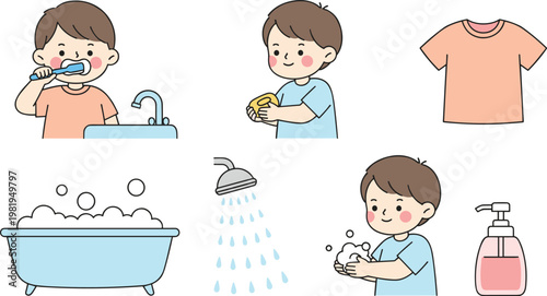 Cute vector illustration set of a child's daily hygiene routine, including hand washing and bathing.