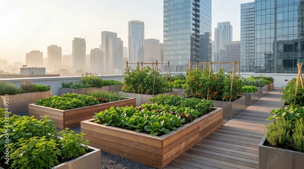 Fototapeta premium A vibrant rooftop garden filled with fresh vegetables and herbs, showcasing sustainable urban living against a backdrop of modern skyscrapers.