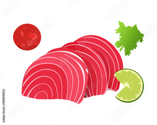 Raw tuna slices with lime and garnishes for fresh sashimi platter in a traditional japanese seafood restaurant - Vector Illustration