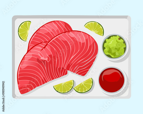 Fresh red tuna sashimi platter with lime and dipping sauce for authentic japanese seafood dining and menu - Vector Illustration
