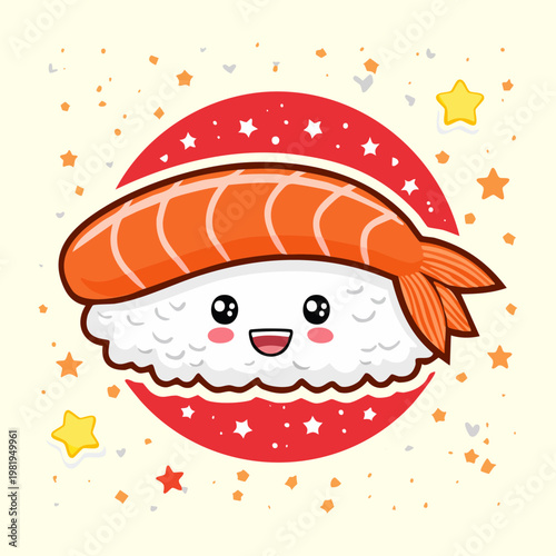 Kawaii salmon sushi character with happy face in a decorative red circle for japanese food shop logo - Vector Illustration