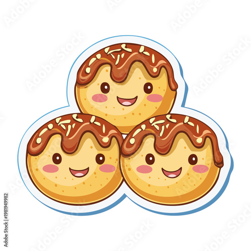 Trio of cute smiling takoyaki balls with sauce for tasty japanese street food and snack shop menu - Vector Illustration