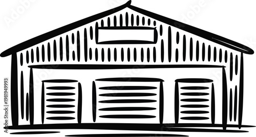 Hand drawn sketch of a rural farm barn featuring three large garage doors and slanted roof