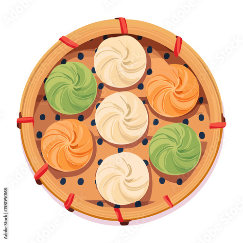 Assorted colorful dumplings in a bamboo steamer for delicious asian dim sum dining and restaurant menu - Vector Illustration