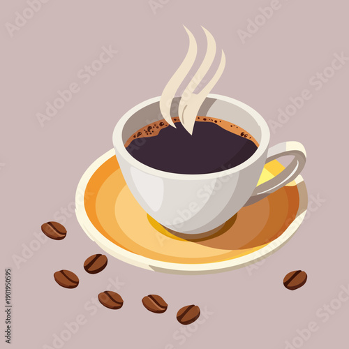 Steaming cup of black coffee on a yellow saucer with roasted coffee beans for cafe branding - Vector Illustration