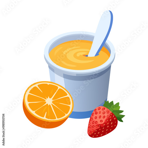 Creamy yogurt in a cup with fresh orange and strawberry pieces for nutritious breakfast and snack - Vector Illustration