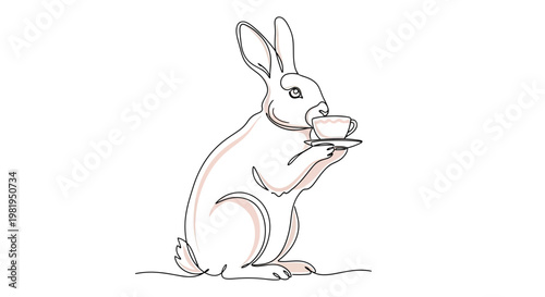 Continuous one line drawing of a cute rabbit drinking tea from a porcelain cup and saucer, minimalist bunny vector illustration for logo or decorative art