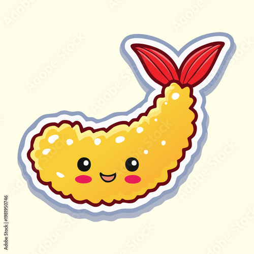 Photos Cute golden brown fried shrimp tempura mascot with happy face for asian snack an