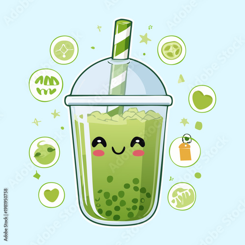 Adorable matcha boba drink character with bubbles and hearts for cute beverage and cafe branding - Vector Illustration