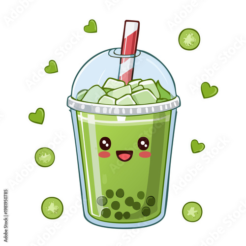 Green matcha bubble tea character with boba pearls and a happy face for trendy drink theme - Vector Illustration