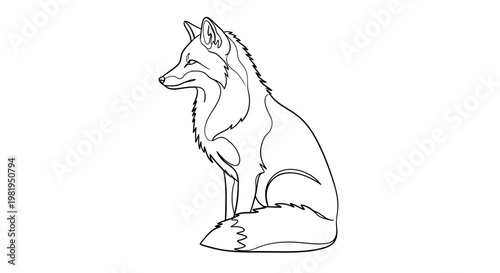 Minimalist Fox Line Art Illustration, Side Profile of a Sitting Wild Fox Vector Outline Isolated on White Background