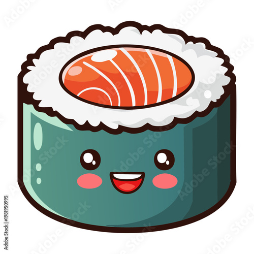 Adorable maki sushi character with salmon filling and happy expression for sushi bar branding and menu - Vector Illustration