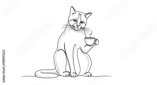 Continuous One Line Drawing of a Sleepy Cat Holding a Steaming Coffee Cup, Minimalist Vector Illustration of a Tired Kitten Drinking Tea