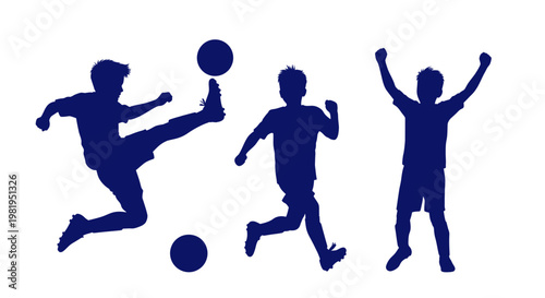 Children playing soccer, silhouettes of active kids kicking and jumping with a football