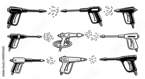 Collection of Pressure Washer Guns Spraying Water
