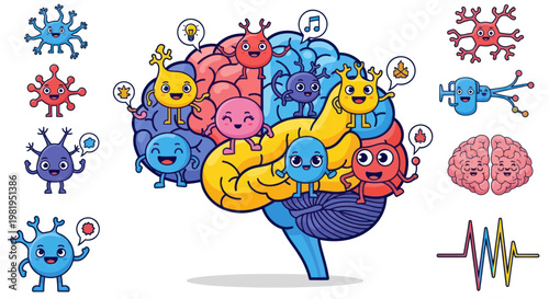 Cute Cartoon Brain Characters and Neurons, Ideas, Music, Health