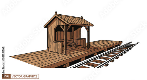 Rustic wooden train station platform with tracks, vintage transport concept