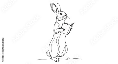 Continuous line drawing of a cute rabbit standing and reading a book, minimalist animal vector illustration