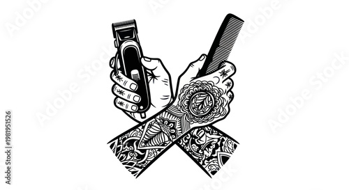 Tattooed Hands Holding Barber Clippers and Comb, Cross Logo