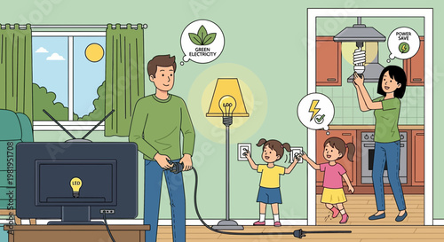 Family saving energy at home, switching to LED bulbs and unplugging devices