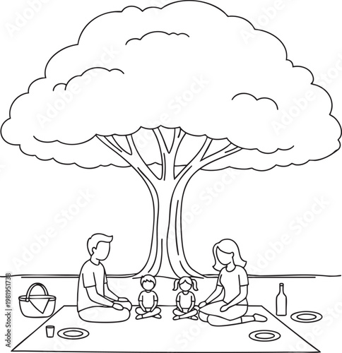 Family sitting on a picnic blanket under a large tree with children, relaxing