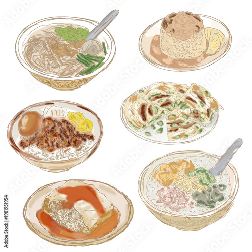 Hand-painted line art illustration set of famous Taiwanese street foods including Braised Pork Rice, Scallion Pancake, Tamsui Agei, Rice Cake, Maitaimu, and Congee, isolated on transparent background