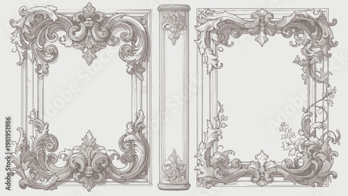 A detailed line art illustration displays an open book with elegant baroque frames on its covers.