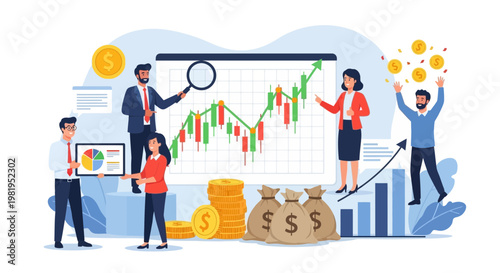 Business team analyzing stock market graph, financial growth and investment concept