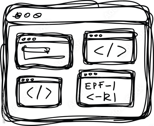 Hand drawn sketch showing multiple computer browser windows with coding symbols and text for web development