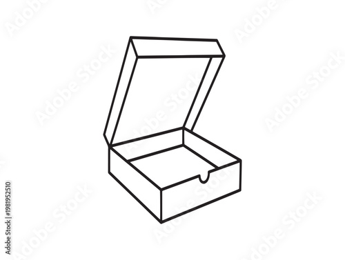 Simple line drawing of an open cardboard box isolated on a white background
