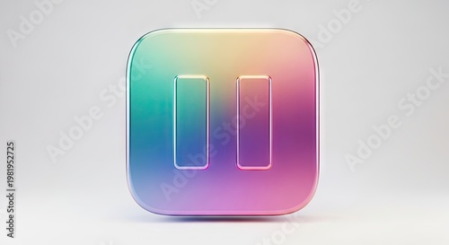 Glossy 3D Pause Button Icon with Vibrant Rainbow Gradient Finish on Minimalist White Background