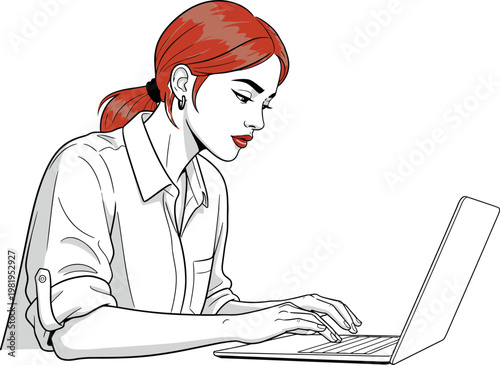 Engaging vector illustration of a focused young woman typing on a laptop, showcasing modern business and professional workflow. Perfect for digital content