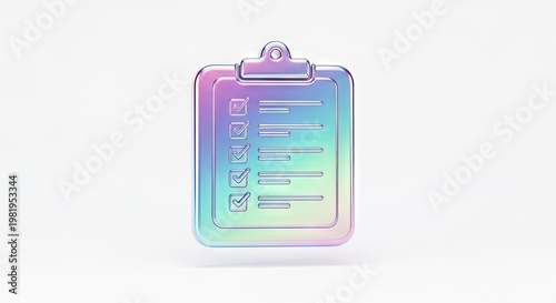 Modern iridescent 3D clipboard icon with a checklist and checkmarks for productivity and business task management