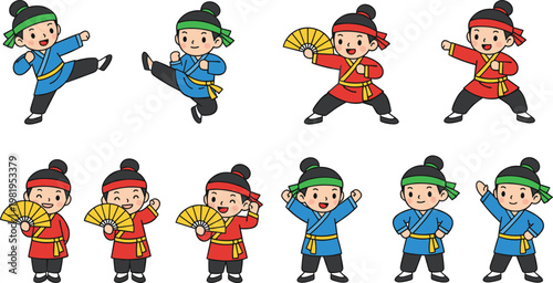 Cute vector illustration set of children performing traditional martial arts and fan dances.