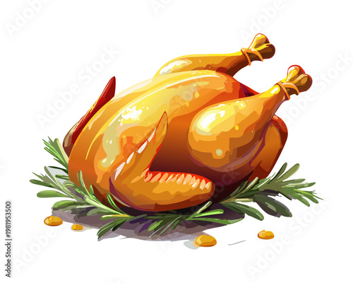 Tablou pe pânză Golden brown baked whole chicken garnished with greenery for family dinner celeb