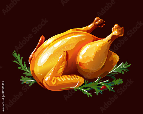Whole roasted chicken with crispy skin and aromatic herbs on dark background for Sunday dinner and festive meal - Vector Illustration