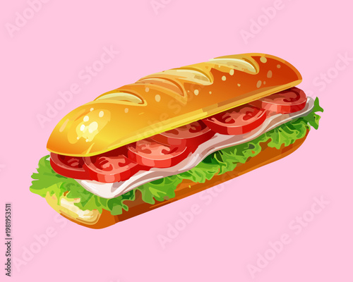 Freshly prepared submarine sandwich with crunchy lettuce and juicy tomatoes for healthy snack and fast food cafe - Vector Illustration