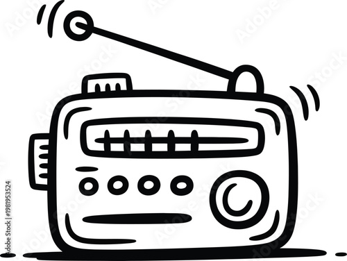 Hand drawn vintage portable radio receiver with extendable antenna for listening to music and news broadcasts