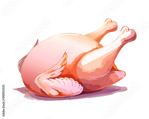 Raw whole chicken poultry prepared for roasting and cooking in the kitchen for protein rich diet meal - Vector Illustration
