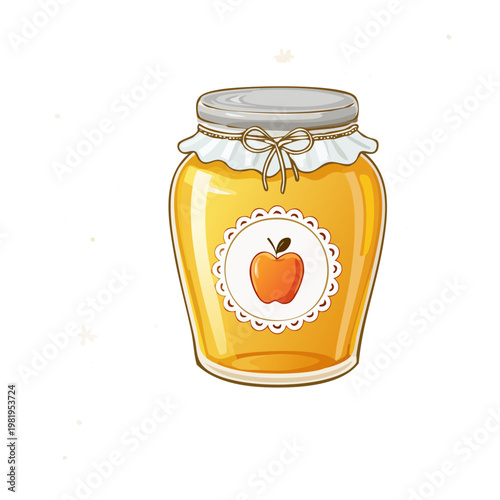 Jar of organic honey with apple illustration for healthy breakfast and natural sweetening in the kitchen - Vector Illustration