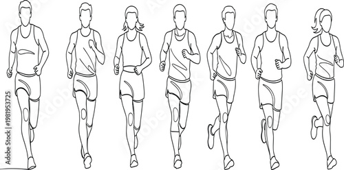Front View Running Athletes Set with Male and Female Runners in Motion, Fitness Training Activity, Jogging Pose Collection, Clean Outline Vector Illustration Design.