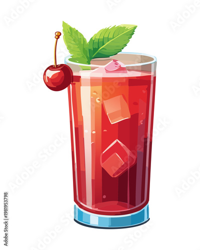 Glass of fresh red juice with cherry and ice for summer refreshment and healthy berry drink - Vector Illustration
