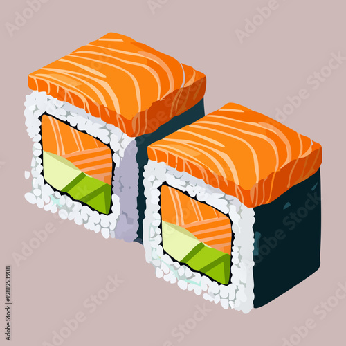 Pair of fresh salmon sushi rolls with rice and seaweed for Asian food delivery and menu - Vector Illustration
