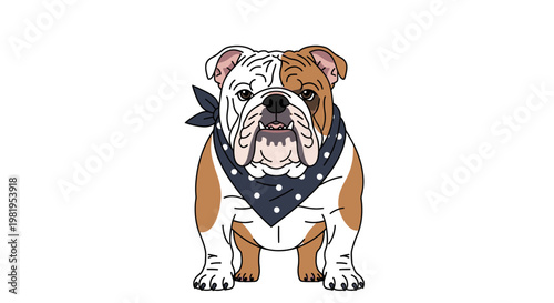 Cute cartoon bulldog wearing a bandana, isolated on white background, illustration