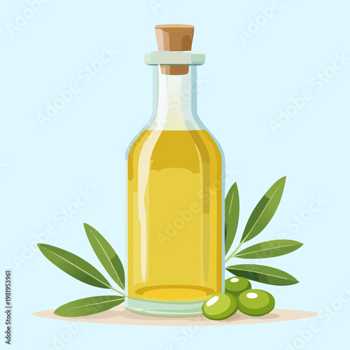 Premium olive oil in a glass bottle with olive branch for gourmet food market and cooking - Vector Illustration