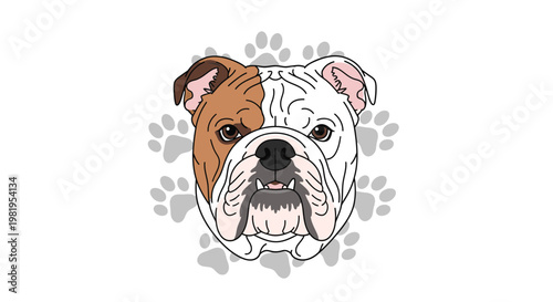 Cute brown and white bulldog head illustration with paw print background. Adorable pet dog vector graphic for animal lovers and pet-related designs.