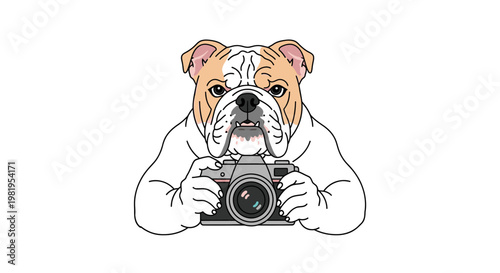 Cute English Bulldog holding a professional DSLR camera, ready to take a photo, isolated on white background, cartoon style
