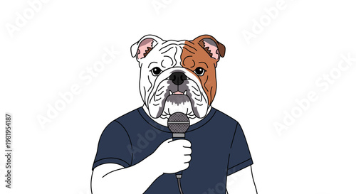 Cute illustrated bulldog mascot character in a t-shirt holding a microphone, perfect for themes of public speaking, entertainment, podcasting, or comedy.